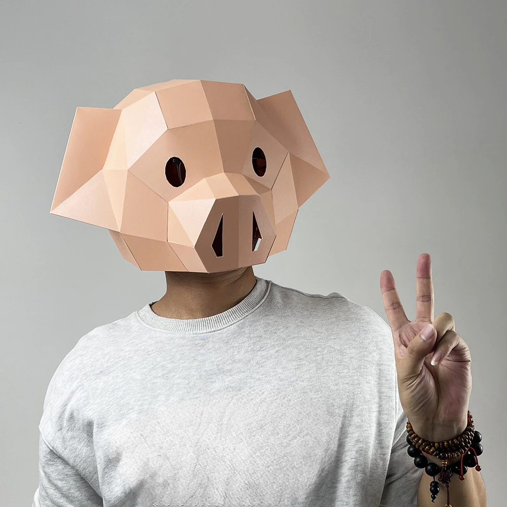 3D Paper Mold Pink Pig Head Mask Headgear Animal Model Halloween Cosplay Props Woman Men Party Role Play DIY Craft Masks