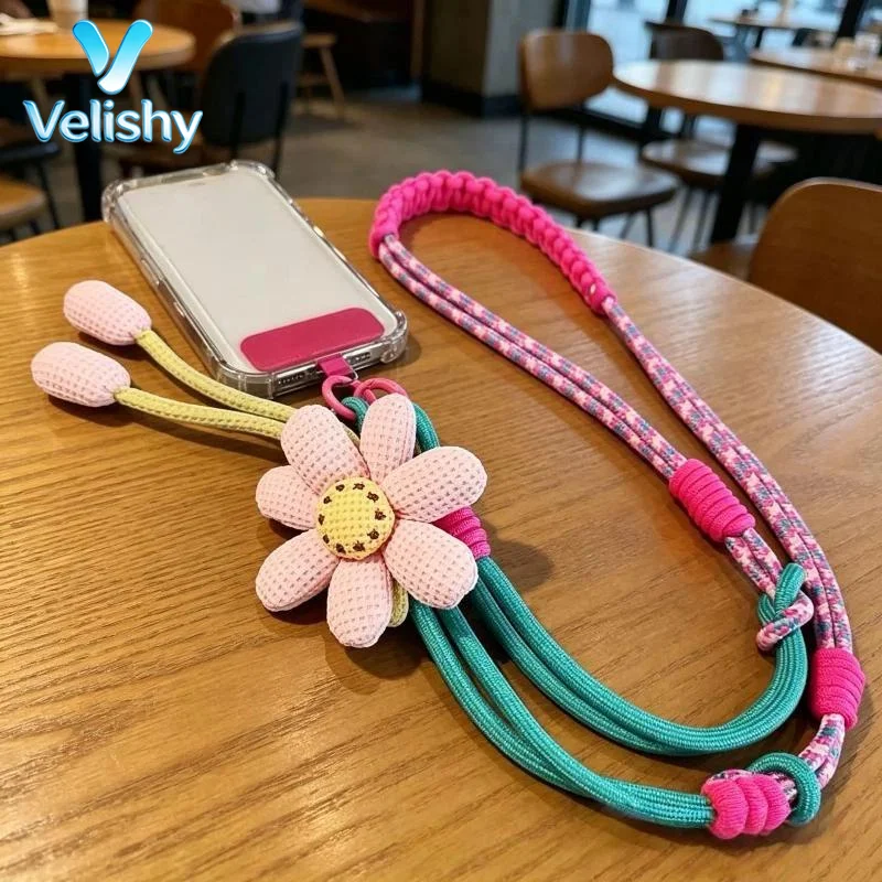 1Pcs Cute Flower Decor Adjustable Phone Lanyard Durable Braided Strap For Daily Outing Shopping Travel Anti Lost Accessory