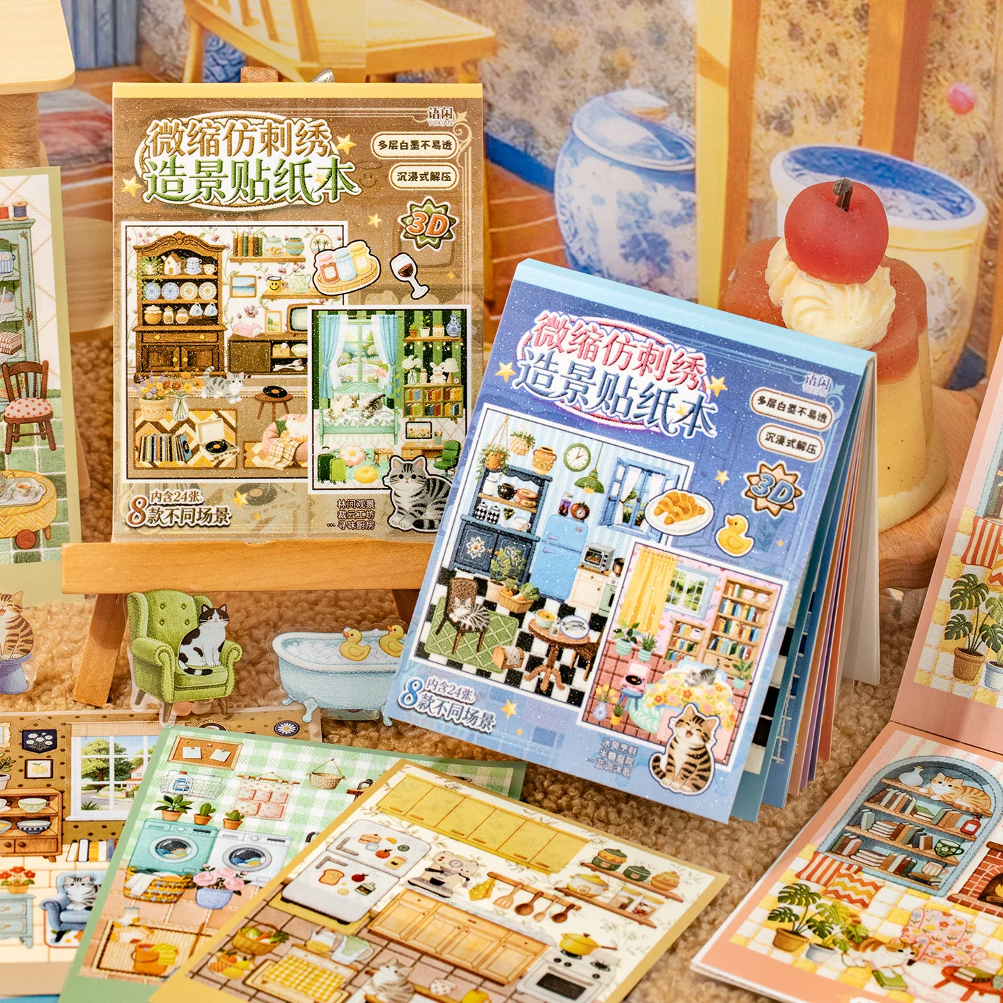 24Pcs Micro‑Scene Household Interior PET Sticker Book, Cartoon Kitten Furniture Landscape Stickers for DIY Diorama, Card‑Making