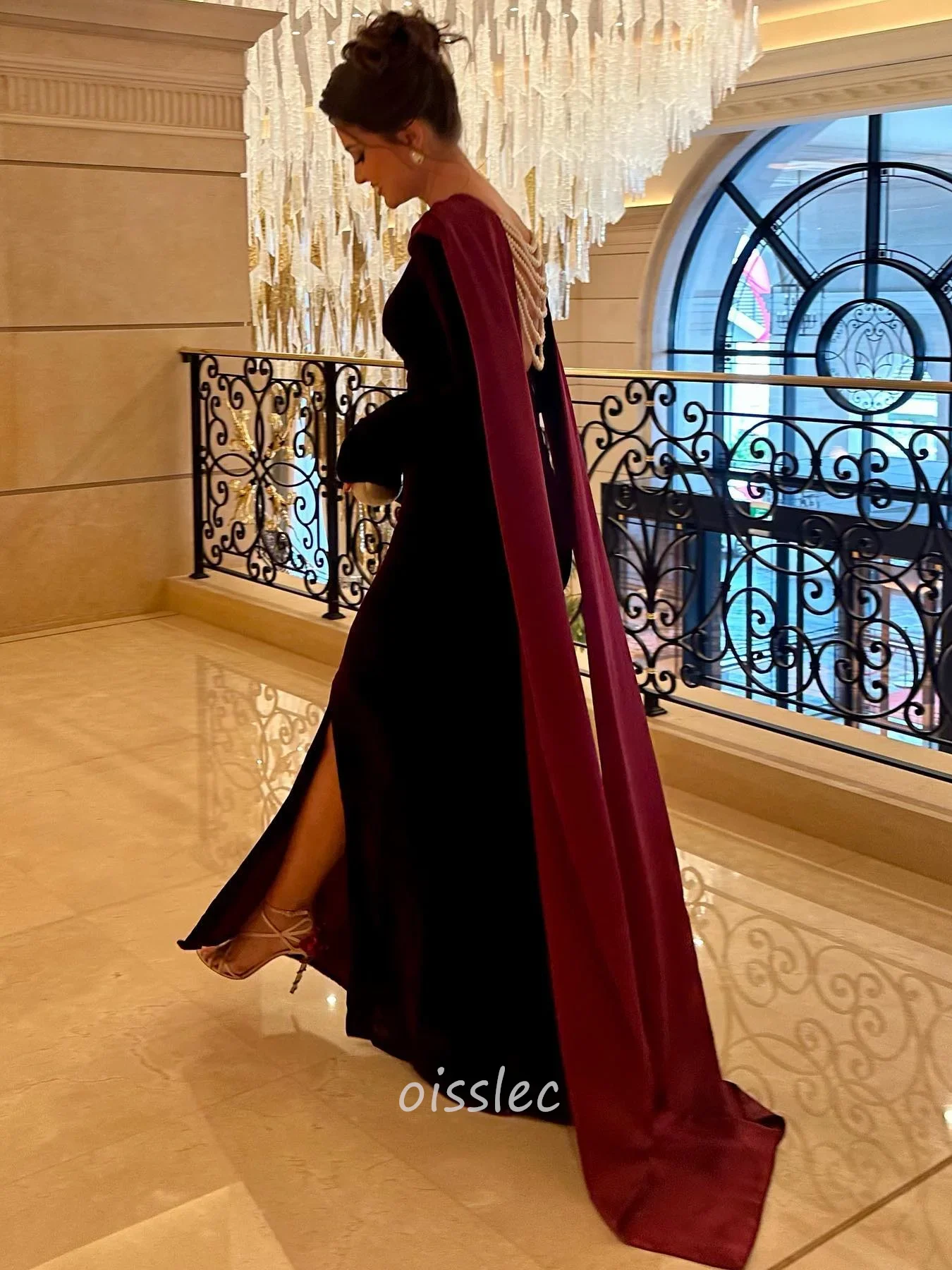 Oisslec Burgundy Velvet Prom Dress Backless Pearls Cocktail Party Mermaid Elegant Special Occasion Gown Maxi Dress Saudi Arabia