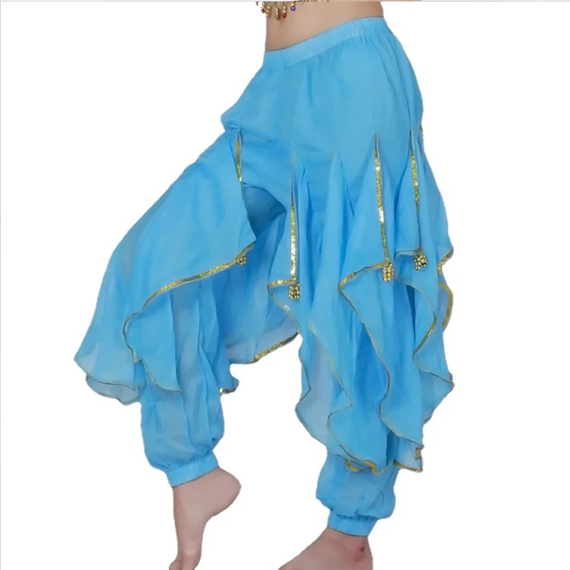 

Long Chiffon Belly Dance Harem Pants Tribal Arabic Halloween Pants With Gold Trim Women Dancing Pants