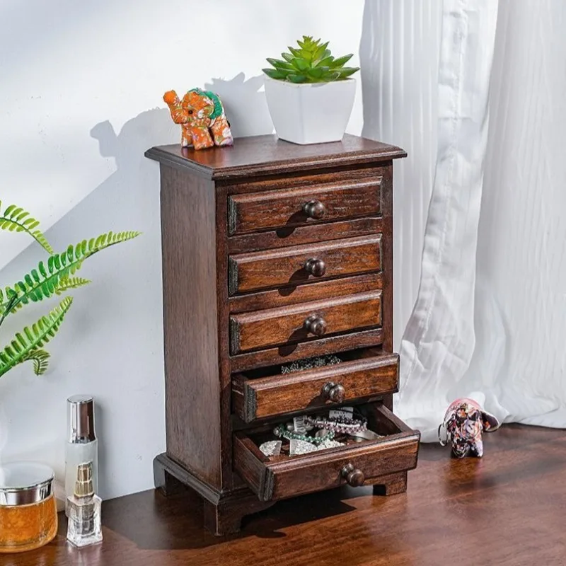 Solid Wood Jewelry Storage Box Teak Jewelry Storage Case Retro Ring Necklace Boxes Multi Layer Drawer Makeup Organizer Container