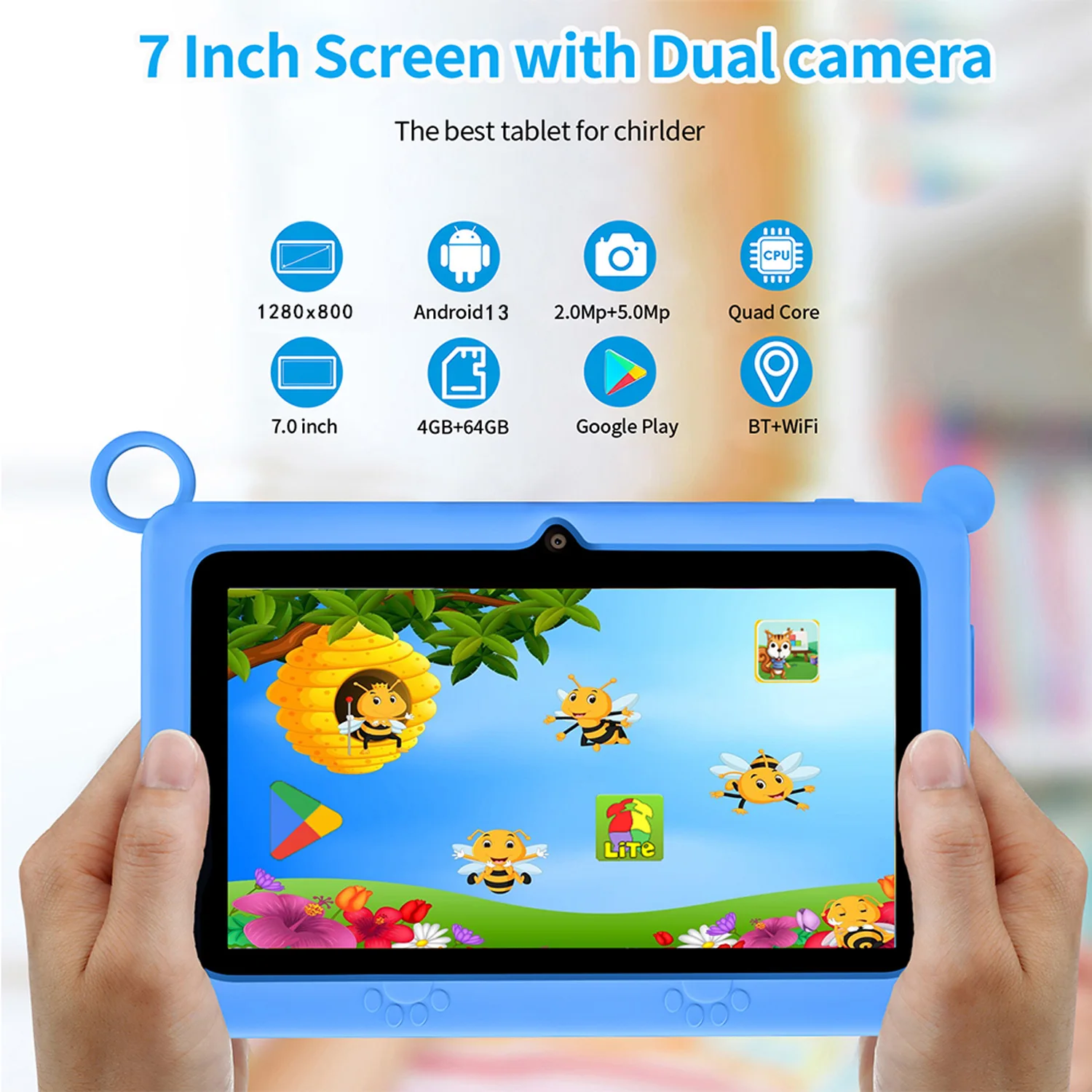 7 Inch Global Version tablet android 13 Quad Core 4GB+64GB ROM 5G WiFi Google Kids Tablets Portable Kids-Proof protective case