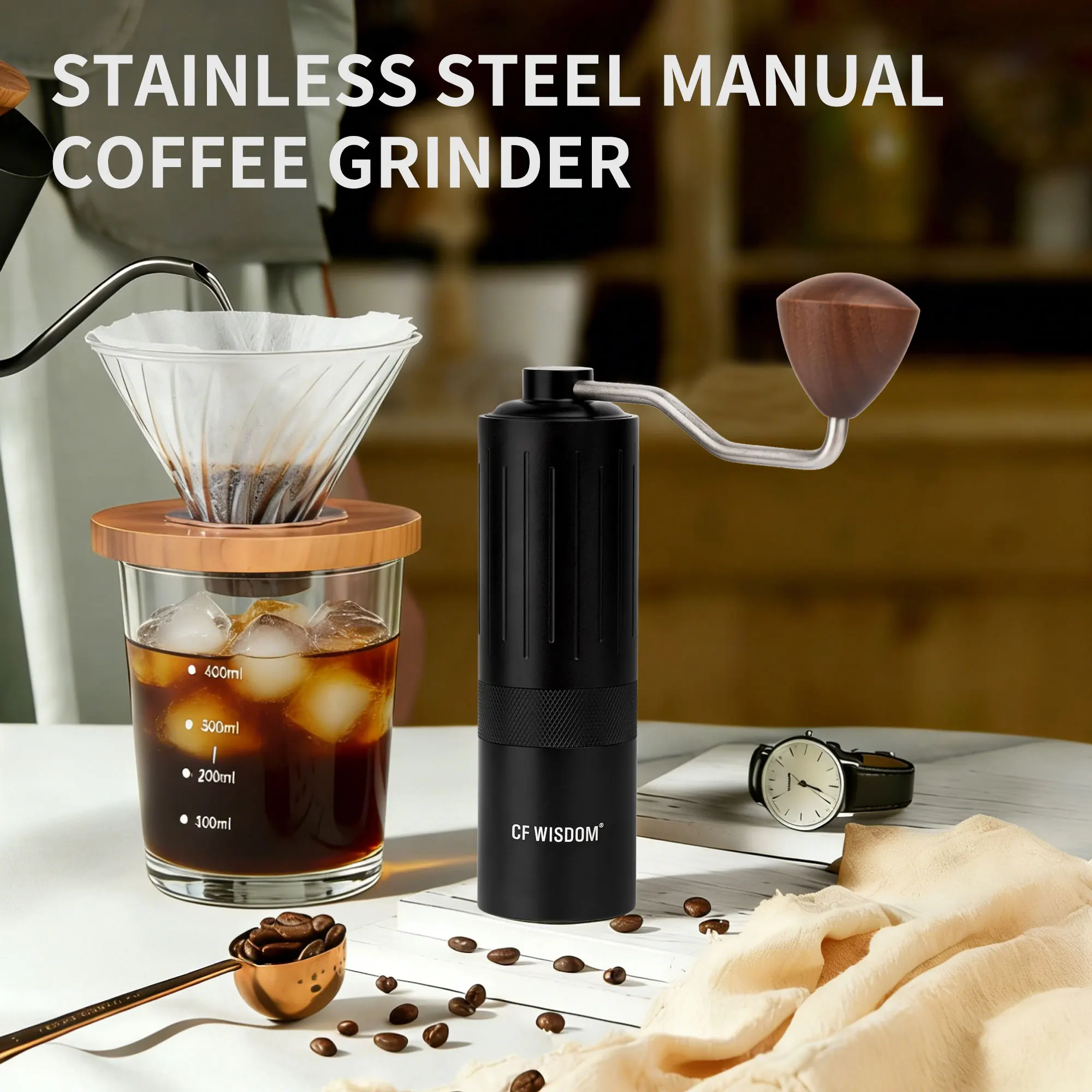 

Ручная кофемолка для эспрессо с регулируемыми стальными жерновами, в комплекте с щеткой для чистки, портативная для использования на улице