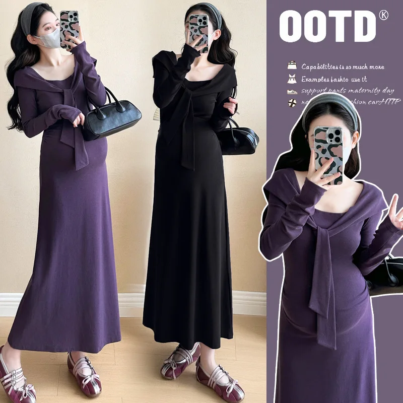 

French Style Maternity Dress Autumn Winter Shawl Collar Long Sleeve Knit Dress Fit Pure Aesthetic Innerwear for Pregnant Women