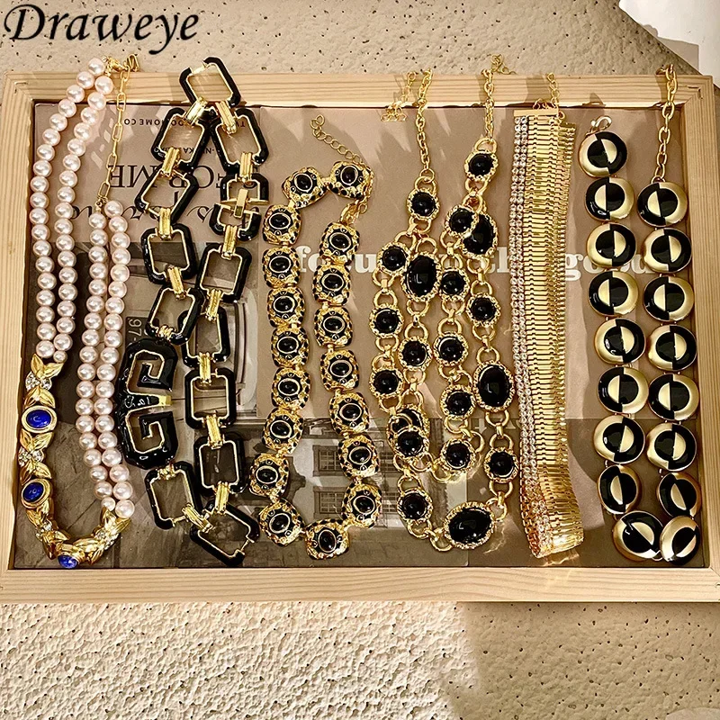 Draweye Sweater Chains Medieval Style Necklace for Women Mix Color Crystal Vintage Elegant Jewelry Exqusite Collares Para Mujer