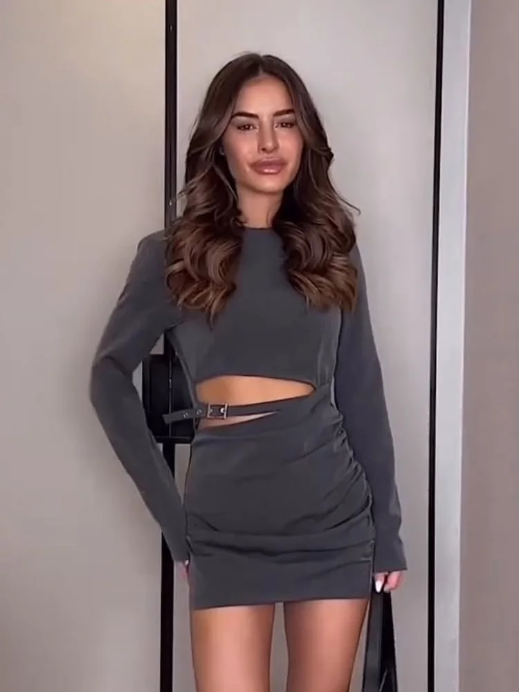 

TRAFZA Elegant Women Belt Wrinkles Decorate Casual Dress 2025 Woman Fashion Zipper Long Sleeves V-Neck Solid Party Mini Dress