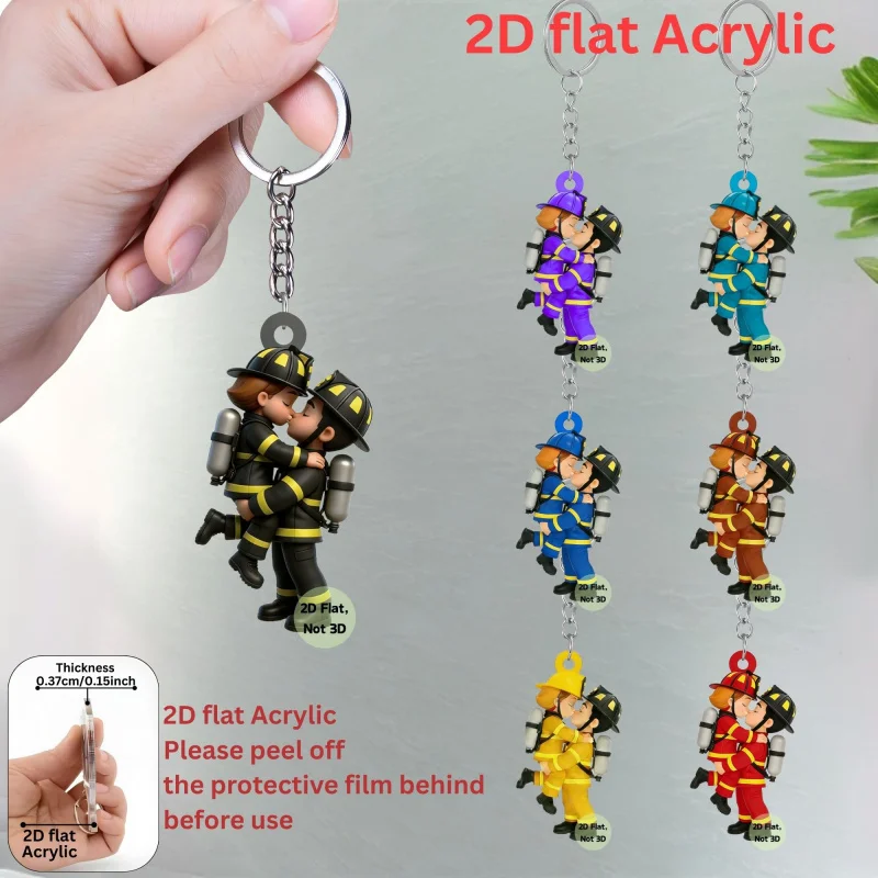 Romantic Couple of Firefighters Keychain 3/4/7pcs 2D Acrylic Pendants Backpacks Cars Accessory Party Gifts for Holiday Birthdays