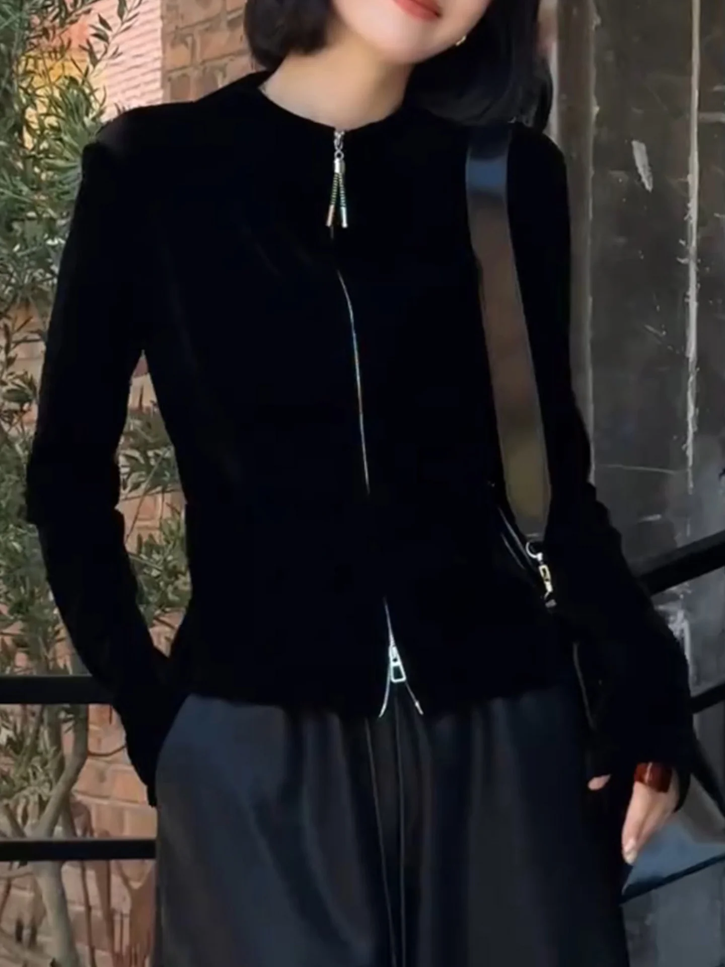 Velvet Jaet Double Zipper Long Sve Women's Base irt Slimming Sle Commute Faion Korean Version Autumn Season