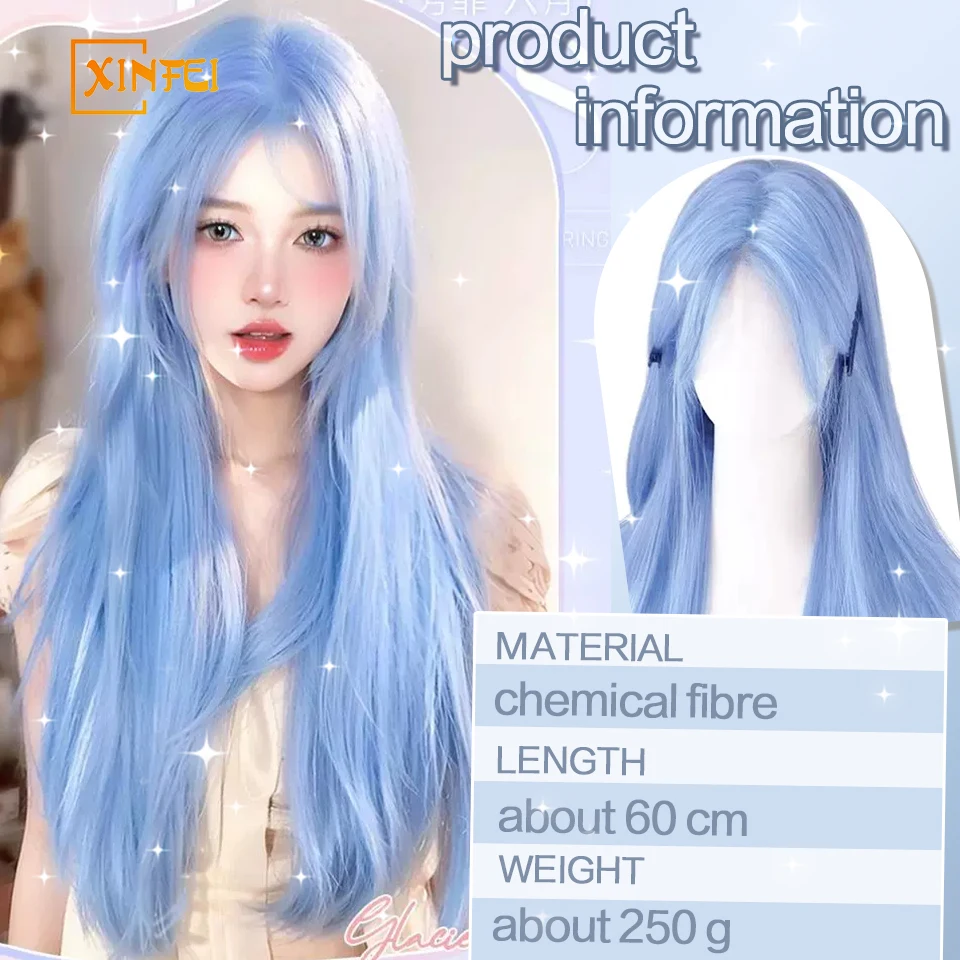 Peruca cosplay sintética azul reta longa com franja para mulheres, destaque de cinzas, cabelo natural, fibra resistente ao calor, diária