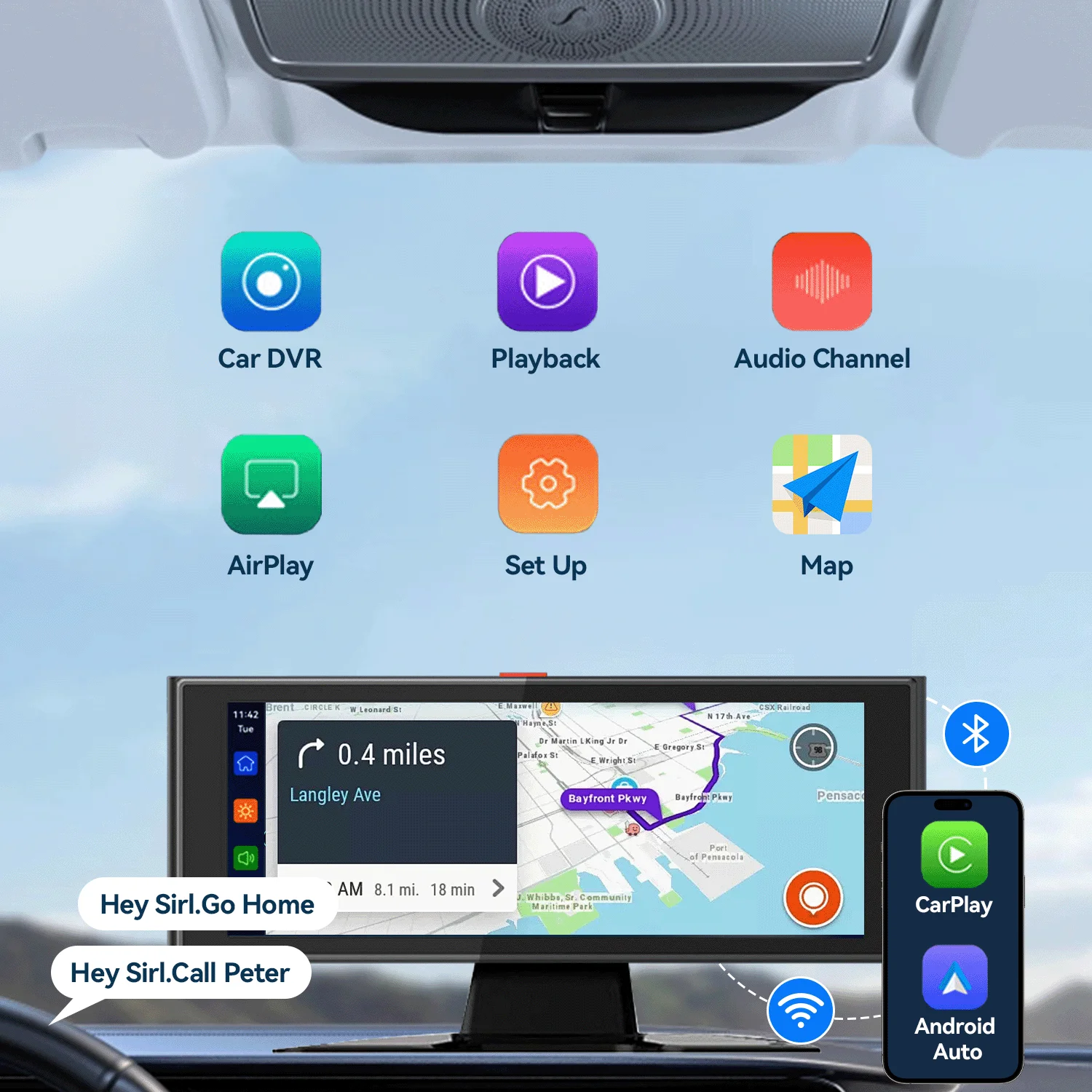 Portable Wireless Apple CarPlay and Android Auto Car Screen, 7