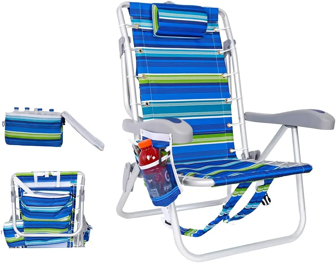 

Складной алюминиевый рюкзак для взрослых, пляжный стул с 5-позициями наклона, изолированные сумки-холодильники | Вес 300 фунтов