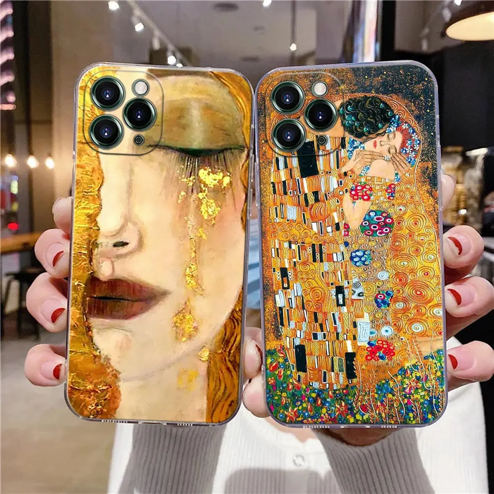 Kiss by Gustav Klimt Golden Freya's Tears Clear Case For iPhone 16 15 14 13 12 11 Pro Max Mini Xs X 7 8 Plus Cover Silicone Case