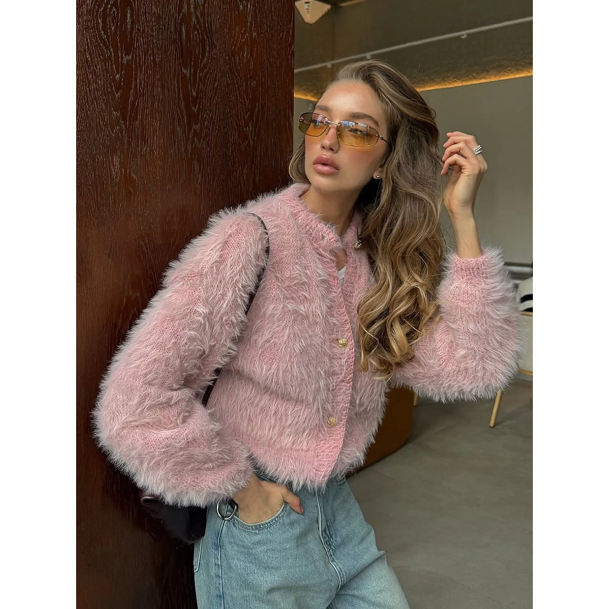 Soft Knitted Fashion  Fur Sweater Coat Women's Autumn Winter New Style Pure Color Thick Long Sleeve round Neck with Hat