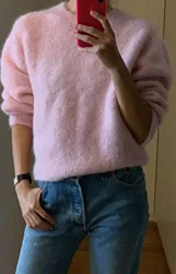 2023 Autumn and Winter New Round Neck Soft Waxy Knitted Pullover Pink Sweater Women