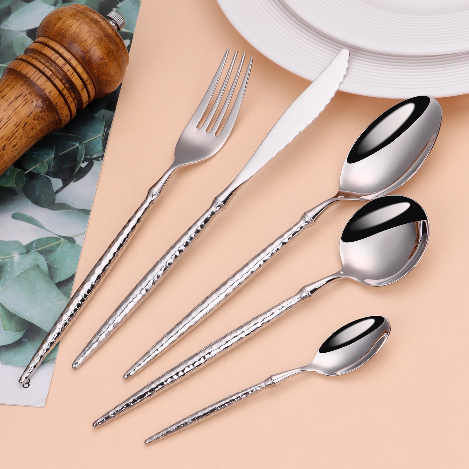 16/20/24Pcs Stainless Steel Tableware Set Gold Cutlery Sliver Knife Fork Spoon Western Hammer Pattern Handle Dinner Set Flatware