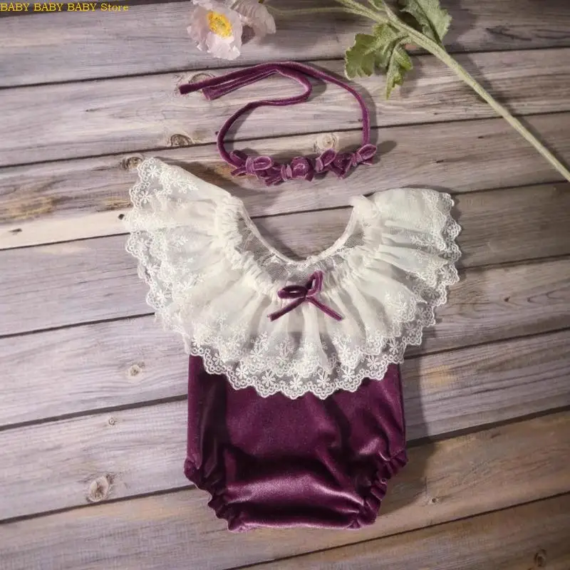 

Q81A младенец бархатный кружевный комбинезон с нарядом с повязкой на головокружение Bowknot для особого случая