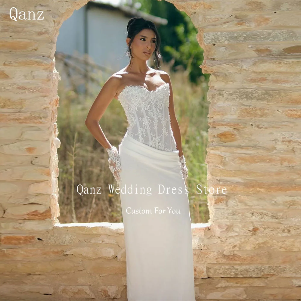 

Винтажные свадебные платья Qanz из атласа, фасон «русалка», с кружевными аппликациями, вырезом «сердечко», без спинки, свадебные платья для женщин, на заказ