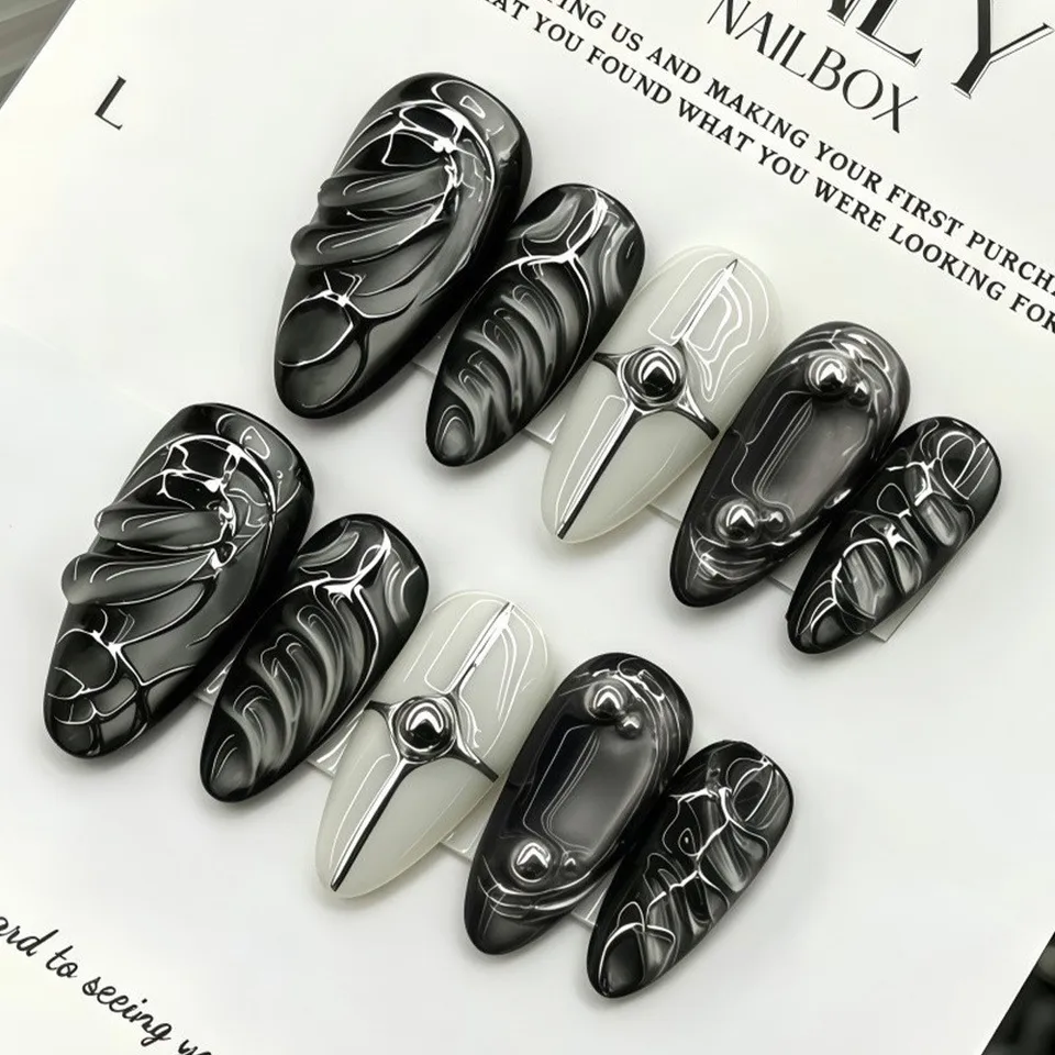 24 piezas de uñas postizas con lazo plateado y diamantes, estilo chica picante, con pegamento, en forma de almendra, negras, estilo Y2K 5