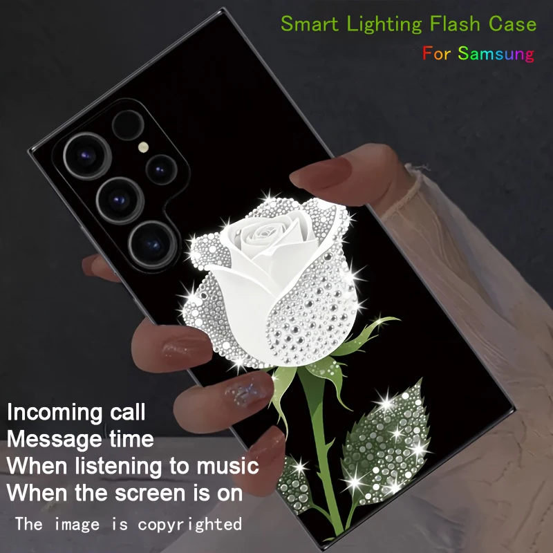 

Shining White Rose Flower Luminous Glass LED Light Flashing Phone Case For Samsung S25 S24 S23 S22 S21 S20 FE A55 A35 A33 A36 5G