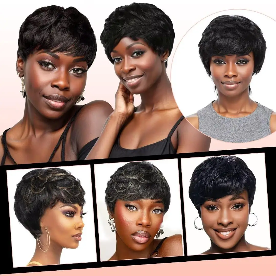 여성용 하이라이트 픽시컷 인모 가발, 짧은 레이어드 픽시컷 웨이브 머신메이드 레미 인모 가발 (앞머리 포함)