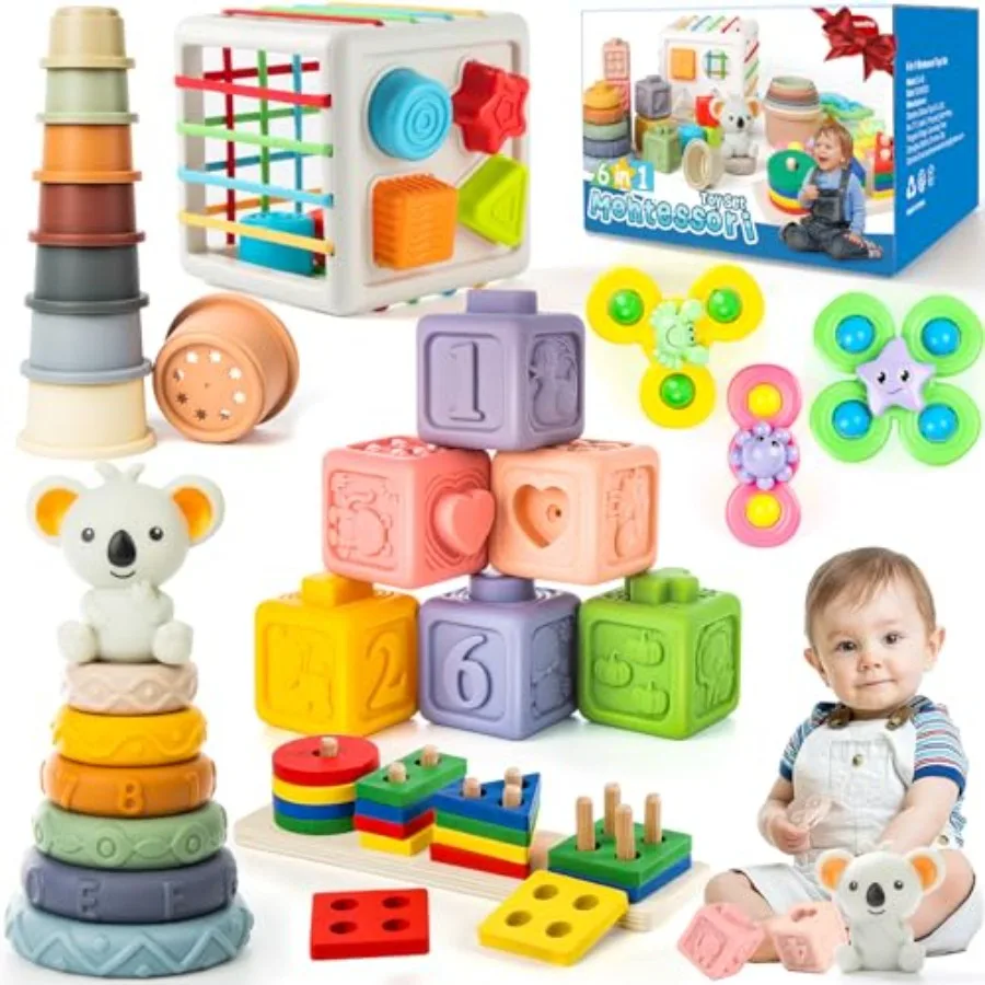 

in-1 Baby Toys to 12 Months, Montessori Toys for Babies -12-18 Months, Infant Teething Toy Stacking Blocks Rings Sensory Bin, S