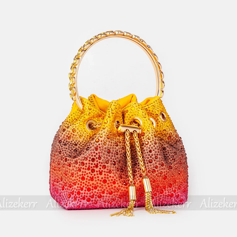 Sac à main coloré avec pompon en diamant pour femme, poignée ronde en métal, sac à main en cristal, fête de mariage de la mariée, nouveau, E27