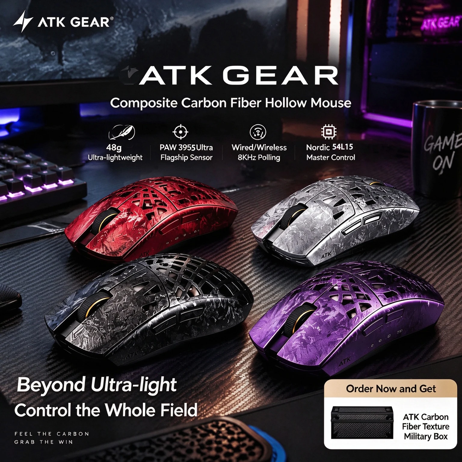 ATK Blazing Sky GHOST Plus Composite Carbon Fibre Mouse Hollow-out Wireless Bluetooth Gaming Mouse Paw3955 Lightweight Gamer FPS