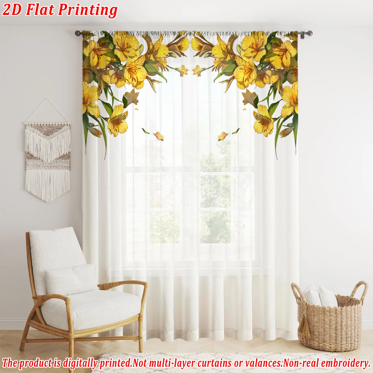 ستارة شفافة بطباعة مسطحة على شكل زهور صفراء، قماش خفيف، لغرفة المعيشة وغرفة النوم وديكور المنزل والنافذة