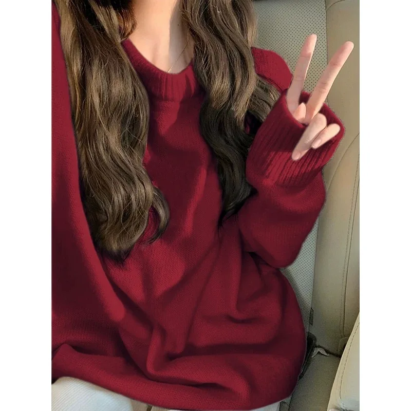 

plus Size Lazy Sle round Ne Knitwear Women's Loose Fit Sweet Sle Mid-Length Sweater New Year Red Color Fce