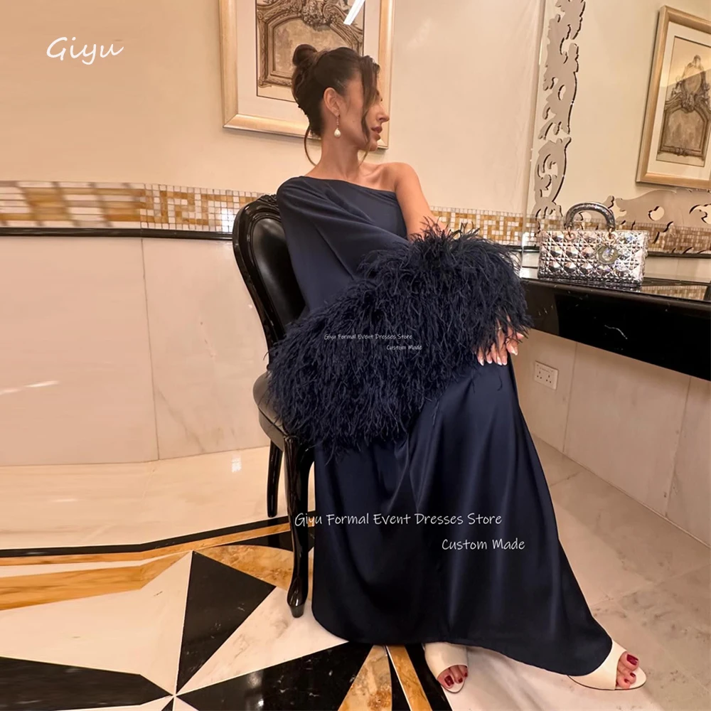 

Giyu Luxury Feathers Straight Evening Dresses Formal Occasion Dress Dubai Arabic Women Feathers Prom Gowns Wedding Guest Dress