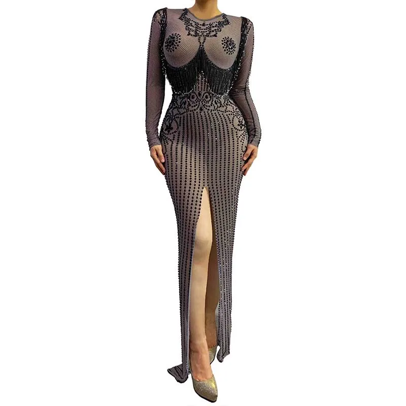ブラックラインストーンイブニングドレス Frmale ゴーゴーナイトクラブ誕生日衣装歌手ホストステージパフォーマンスハイスリットパーティードレス yj132