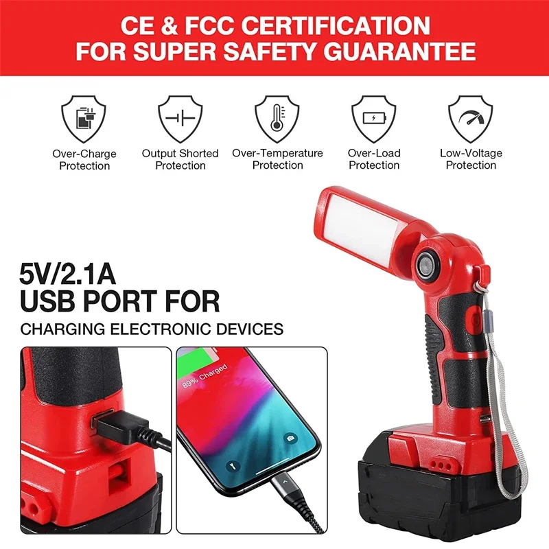Lampu Kerja Lampu Peringatan LED 12W untuk Milwaukee M & 18V Alat Daya Baterai Li-ion Lampu Meja Senter Portabel Luar Ruangan dengan USB