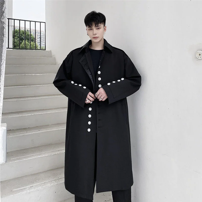 Mid Men's Length Trench Coat New 2022 Autumn Silhouette Workwear Black Windbreaker Button Decorative Black Long Coats Y2351