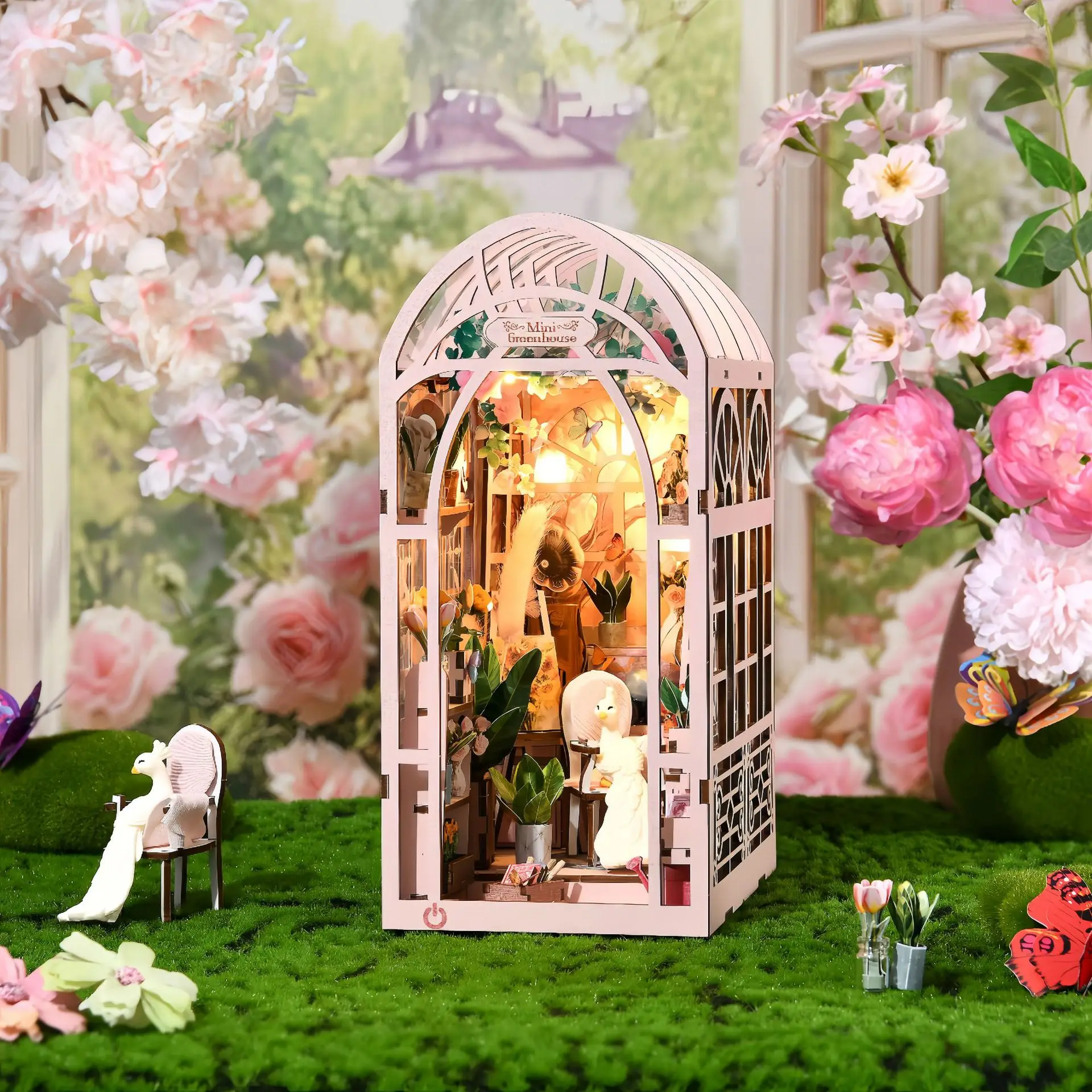 

DIY cabin mini greenhouse flower room stand decoration hand-assembly wooden building blocks doll house model toy gift
