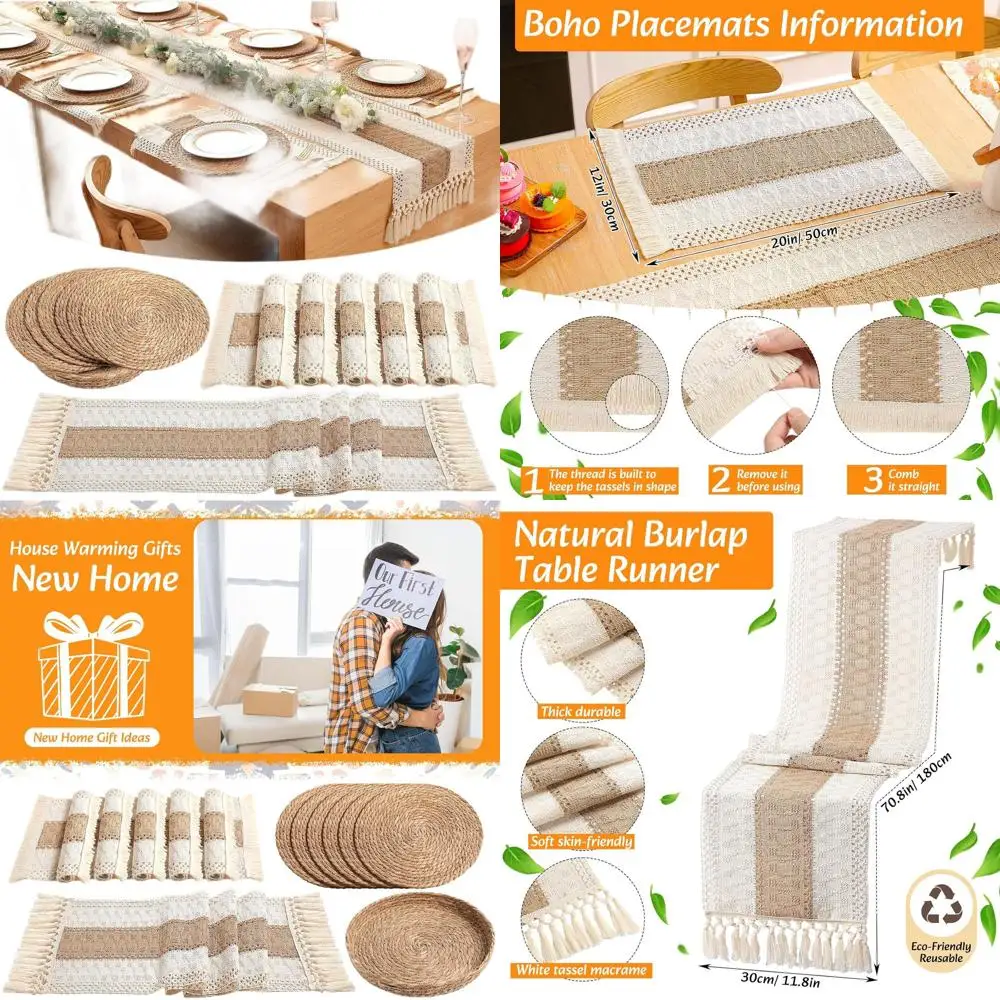 

Round Woven Boho Placemats Set, 6-Piece Macrame-Style Bicolor Stitching, Natural Burlap Cotton, Farmhouse Rustic Style for Kitch