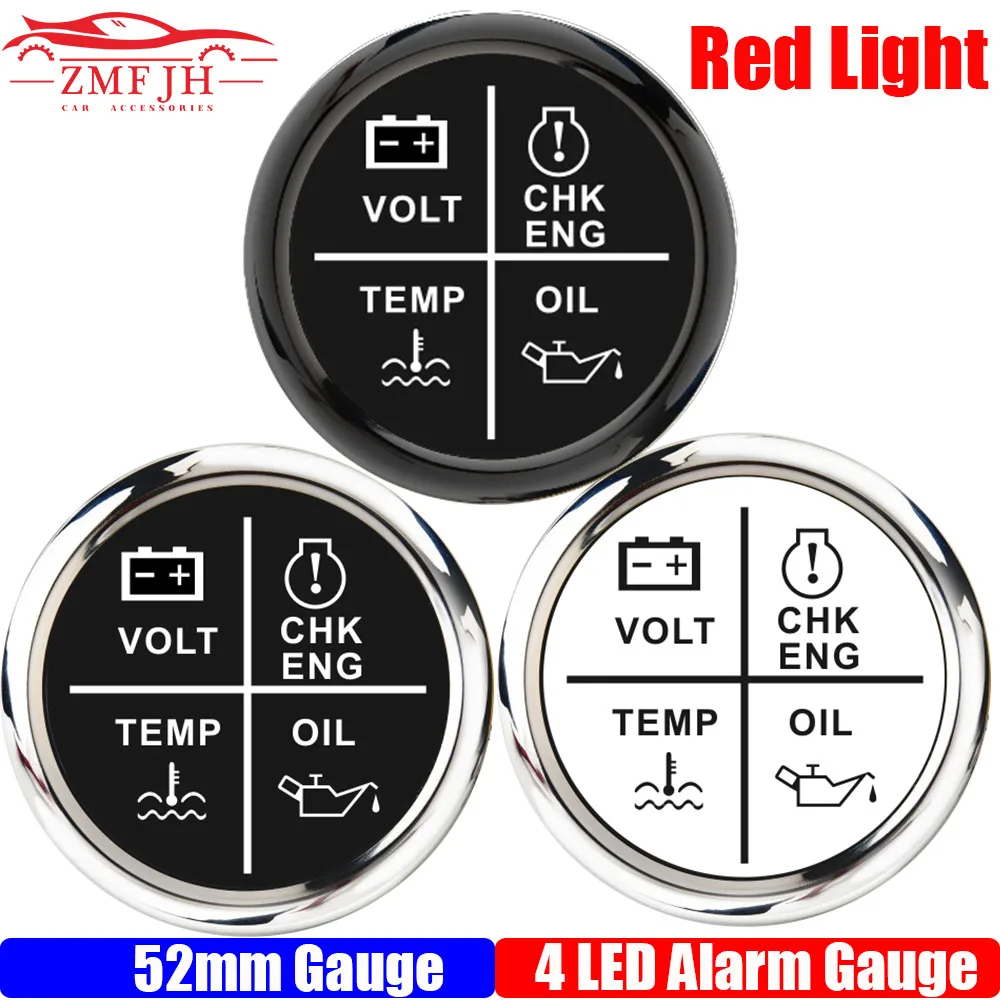 Red Backlight 52mm 4 LED Alarm Gauge Meter Volt Oil Press Water Temp Check Engine Alarm Indicator Gauge fit Car Boat DC12V 24V