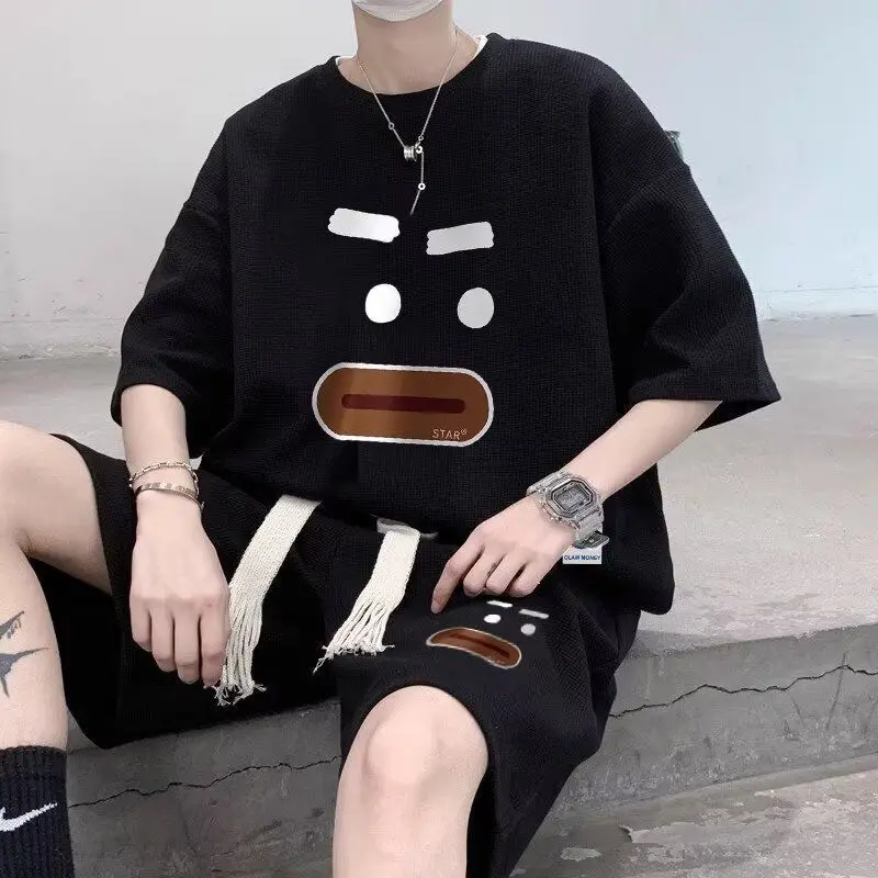 طقم شورت بأكمام قصيرة، مجموعة من ملابس رياضية للرجال، مع طقم مكون من قطعتين فضفاض من ماركة High Street العصرية الصيفية الرائعة