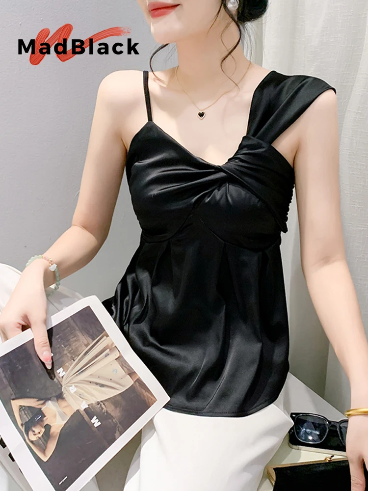 MadBlack European Clothes Tshirts Women Sexy Irregular Crossover Satin Slim Waist Tops Short Sleeve Tee Summer T45545JC