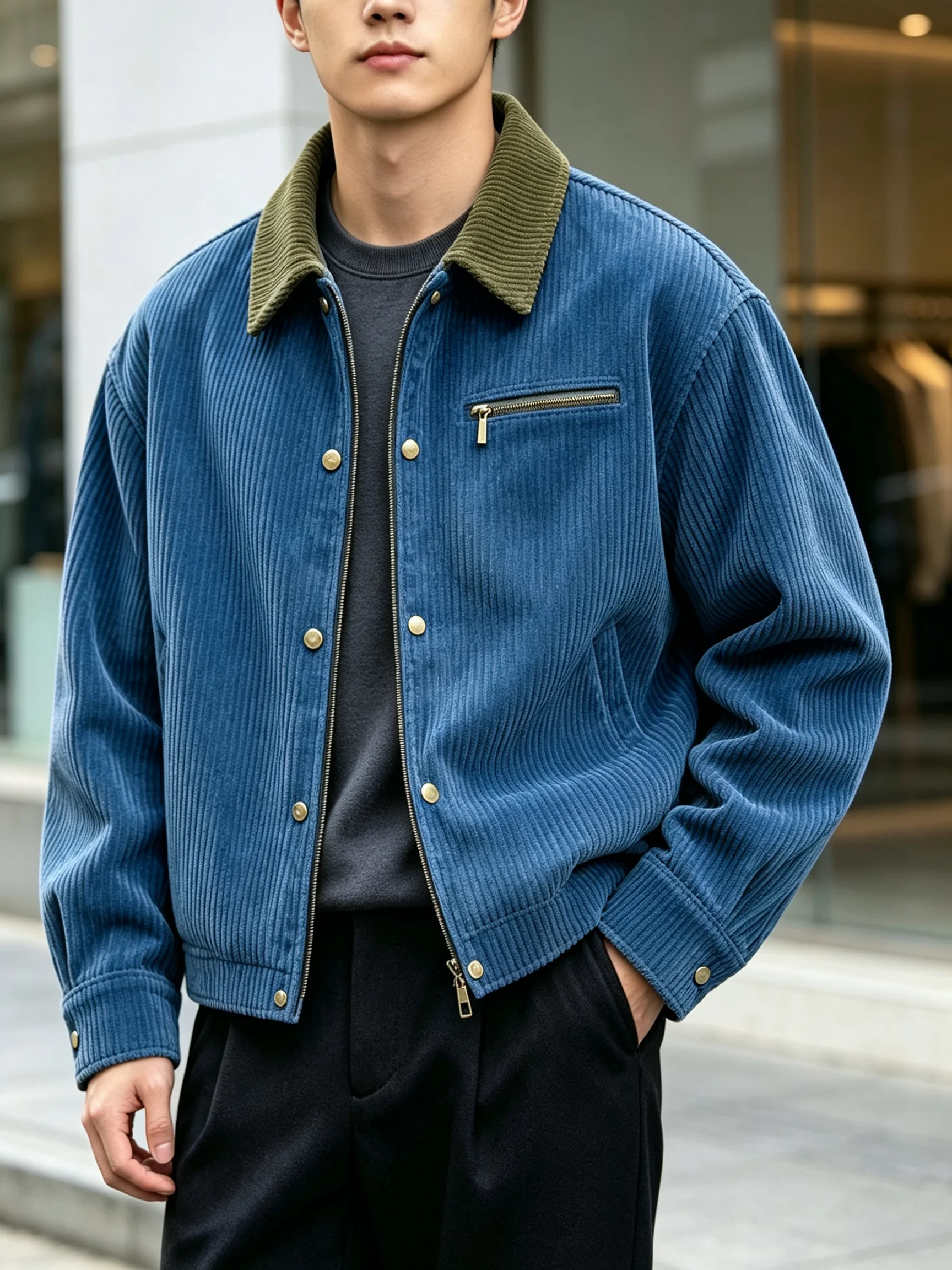Men Corduroy Jacket Contrast Color Collar, Front Zipper & Button Design Casual Long Sleeve Trucker Coat for Autumn Daily Wear