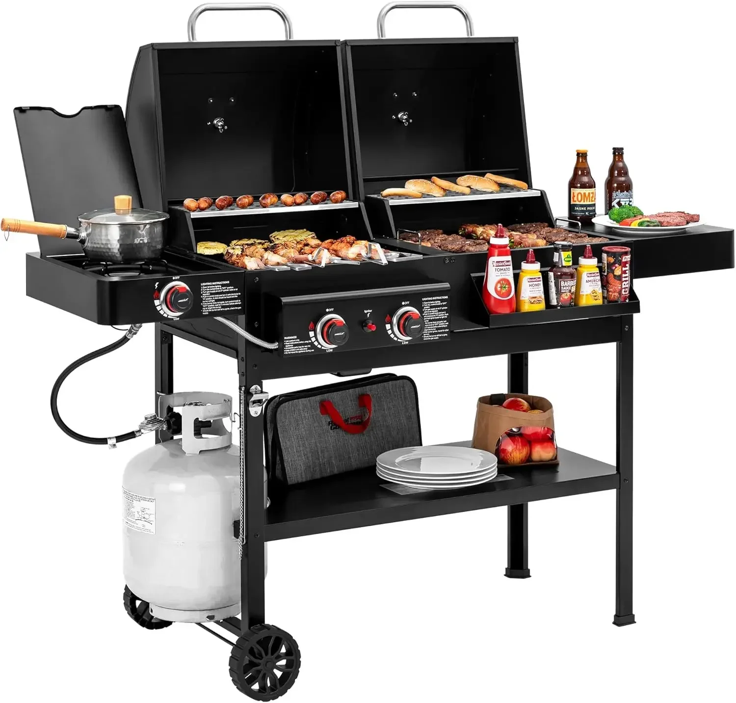 ZH3005 2-Burner Gas and Charcoal Combo Grill with Side Burner, 34,000 BTU Dual Fuel Grill, 823 Sq. In. Cooking Area, for Outdoor