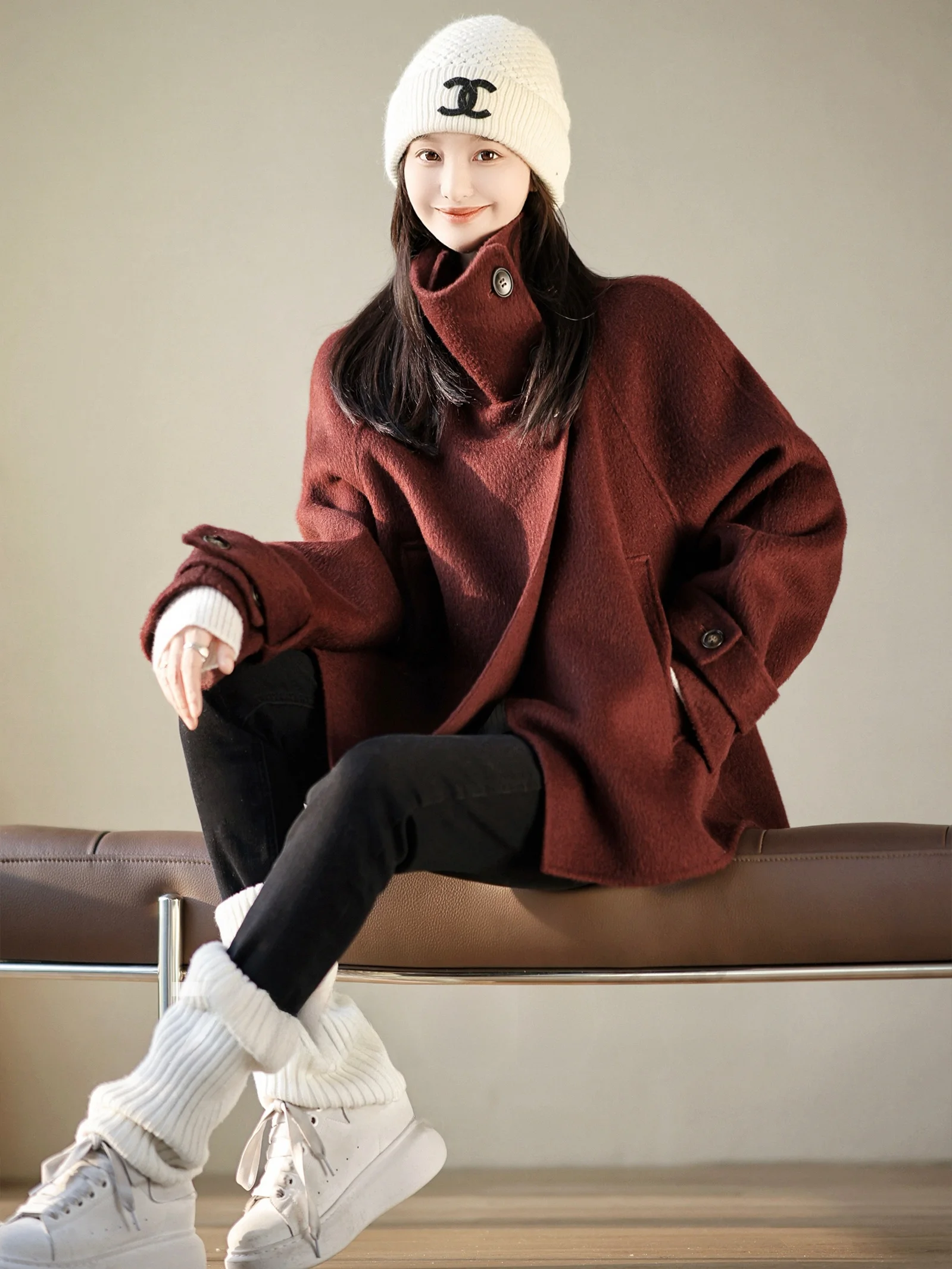 

Двустороннее шерстяное пальто из верблюжьей шерсти с воротником-стойкой, длинное, теплый пальто-свитер Zhaodaxi, простое повседневное пальто цвета красного вина