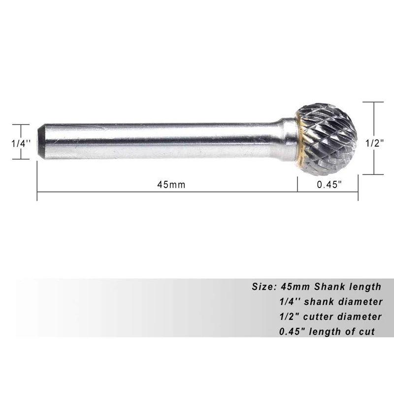 Tungsten Carbide Burr Ball Shape Double Cut Rotary Burrs File (1/2 Inch Cutter, 0.45Inch Cutter) 1/4 Inch (6.35Mm) Shank