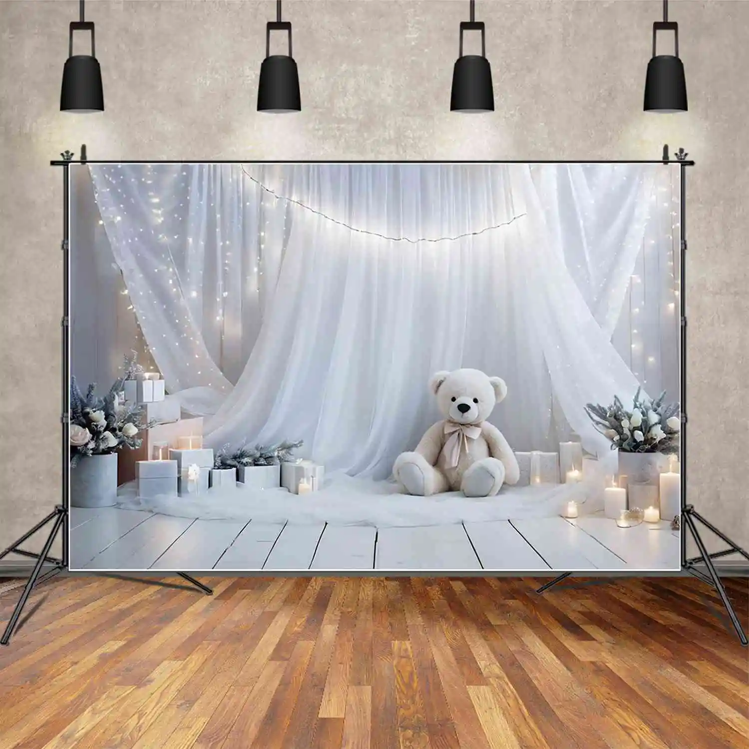 MOON.QG Light Drapes First Birthday Backdrops Boys Teddy Bear Star Snowflake Backgrounds Custom Party Decoration Photocall Props