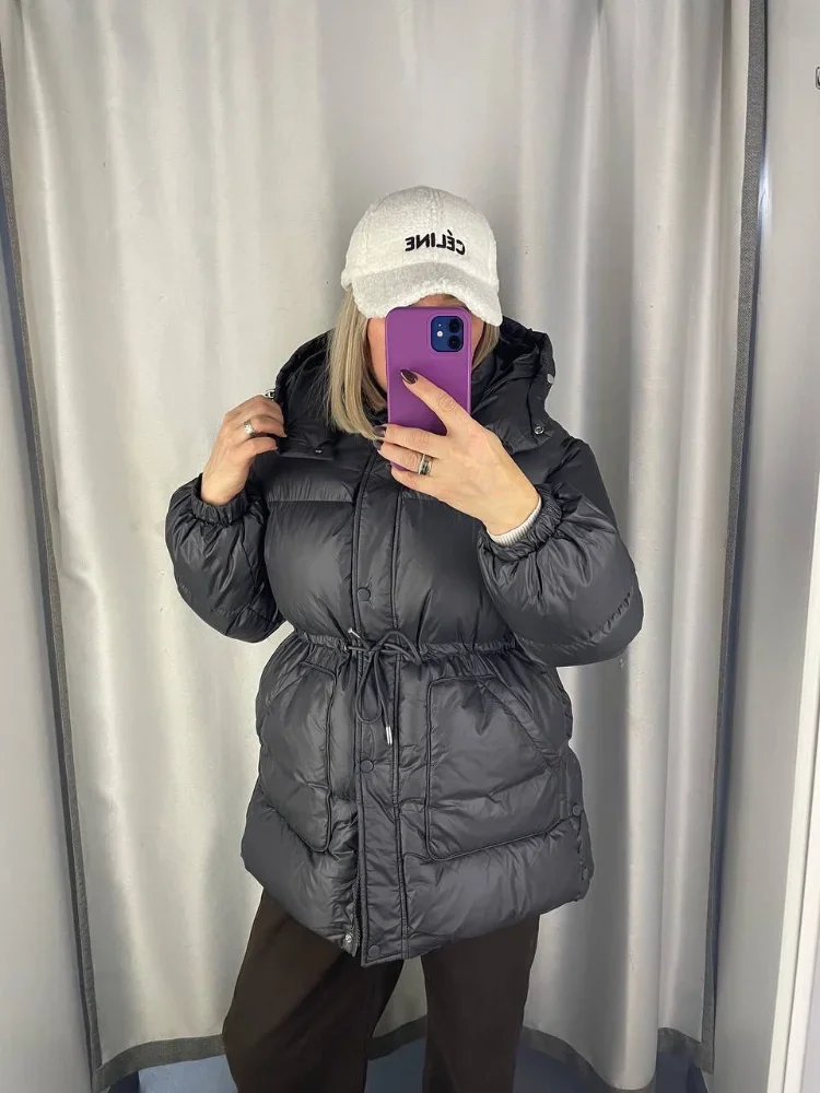 Dark Grey Glossy Hooded Puffer Jacket - Cinched Waist Quilted Winter Coat with Elastic Cuffs