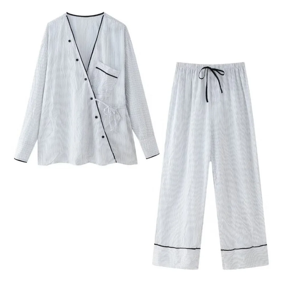 

ZBZA Women Striped Print Kimono Shirt Pants Set V-neck Long-sleeved Oblique Button Shirt Lace-up Straight Pants Summer New Suit