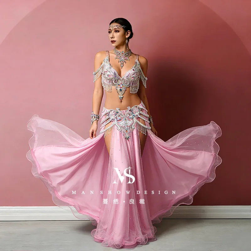 Customized Belly Dance Performance Dress Set New Fairy Pink Crystal Tassel Shoulder Chain Necklace Pearl Yarn Skirt