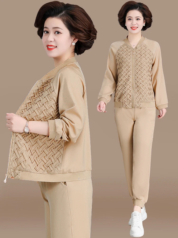 

Casual Sportswear Set for Middle-Aged Women Autumn Spring Faionable Outerwear Two-Piece Ensemble Mommy Sle Polyester Fiber