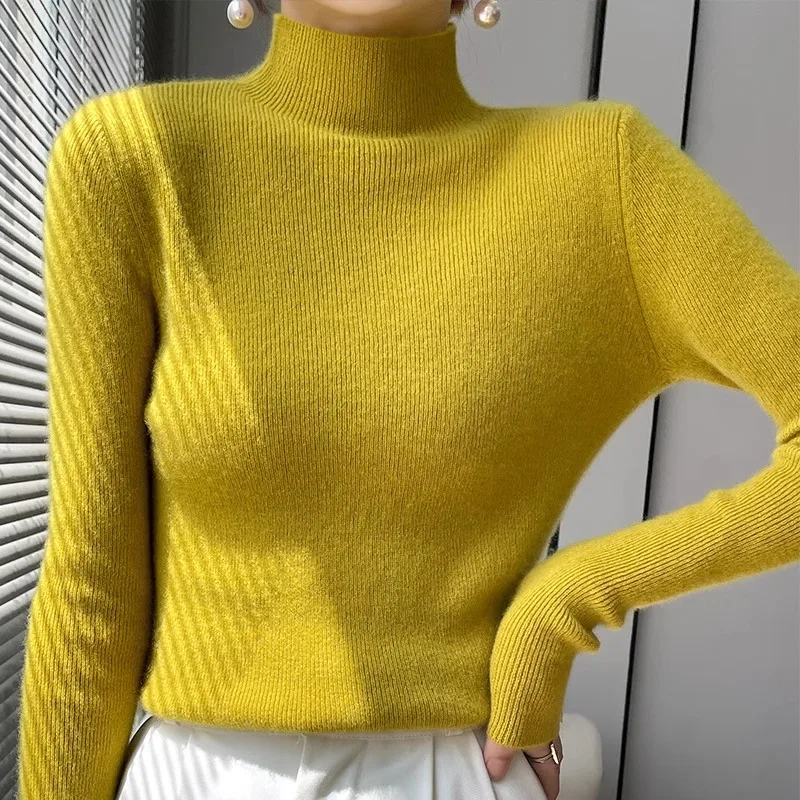 Women Sweater Autumn Winter 2026 Slim Fit High Strecth Pullovers Inner Long Sleeve Mock Neck Knitted Tops Korean Fashion Jumper