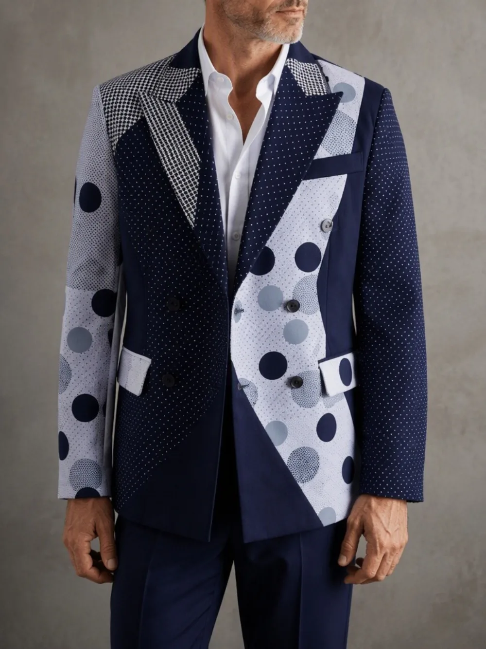 Men's Fashion Polka Dot Patchwork 2‑Piece Suit Notched Lapel Double Breasted Blazer With Pants Business Formal Wedding Party Set